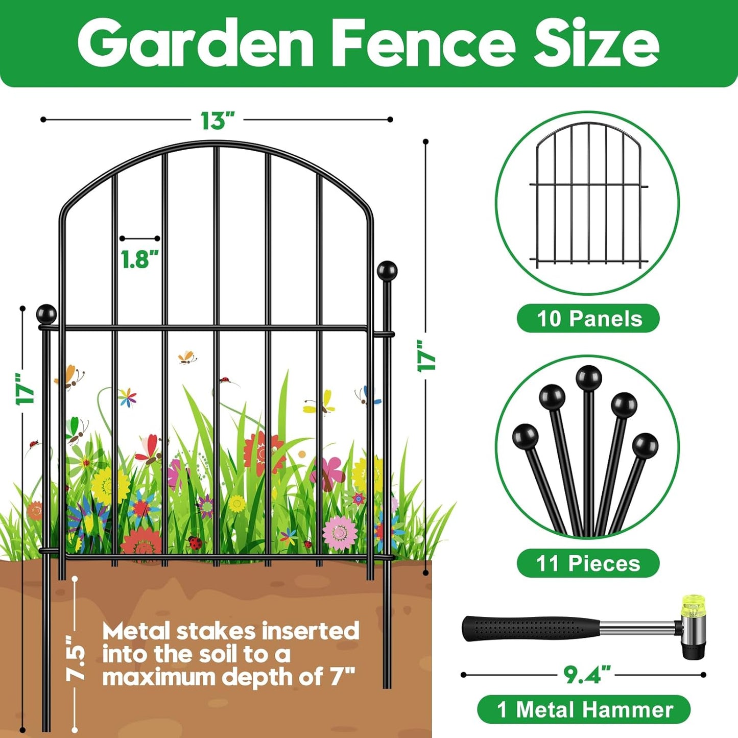 Decorative Garden Fence 17in (H) x10ft (L), Arched Rustproof Metal No Dig Fence for Dogs & Rabbit, Ornamental Animal Barrier for Flower Beds, Border Panels Fencing for Yard & Patio Outdoor Decor