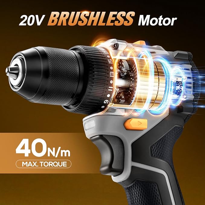 20V Brushless Cordless Lithium-Ion Drill Set, Compact Design, Gray Rechargeable Lithium-Ion Drill Kit, including 2.0Ah Battery, Charger and 3/8-inch Keyless Chuck