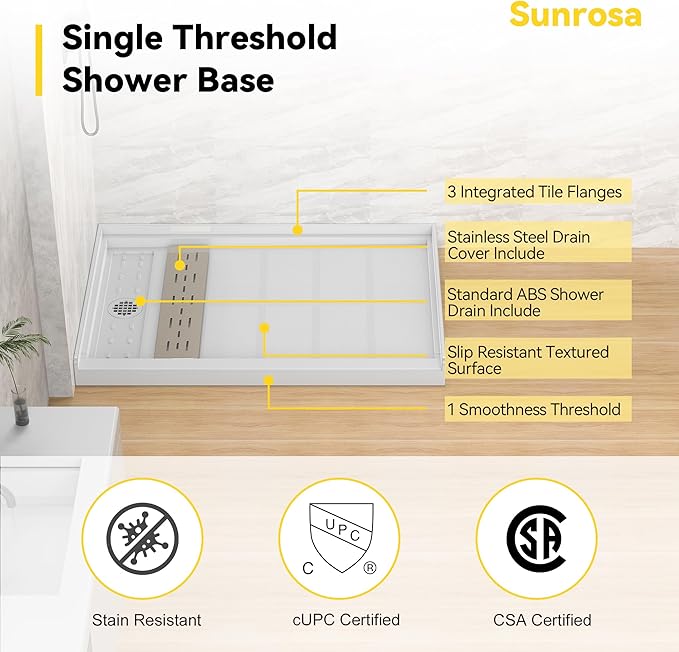 Sunrosa Shower Base 48"×36"×4", Single Threshold Shower Bases with Left Drain, Rectangle Solid Surface White Shower Pan, Slip Resistant Textured Surface, Include Stainless Steel Chrome Cover