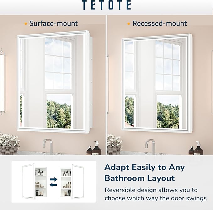 TETOTE Medicine Cabinet Mirror White Framed 21 x 27 Inch Aluminum Framed Surface or Recessed Wall-Mounted Bathroom Medicine Cabinets Beveled Mirror with Storage 1 Door Modern Farmhouse