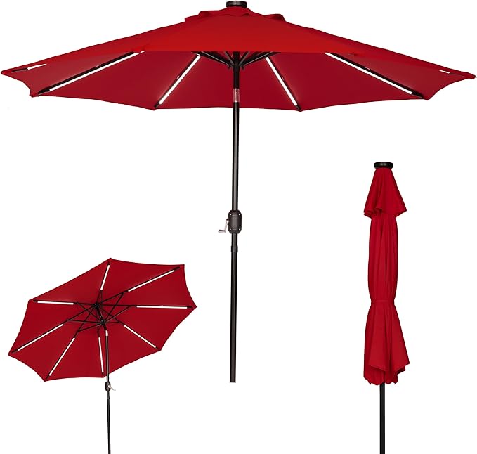 Sunnyglade 9FT Outdoor Solar LED Lighted Patio Umbrella with 8 LED Strip Lights & 8 Ribs, Convenient Crank Lift System