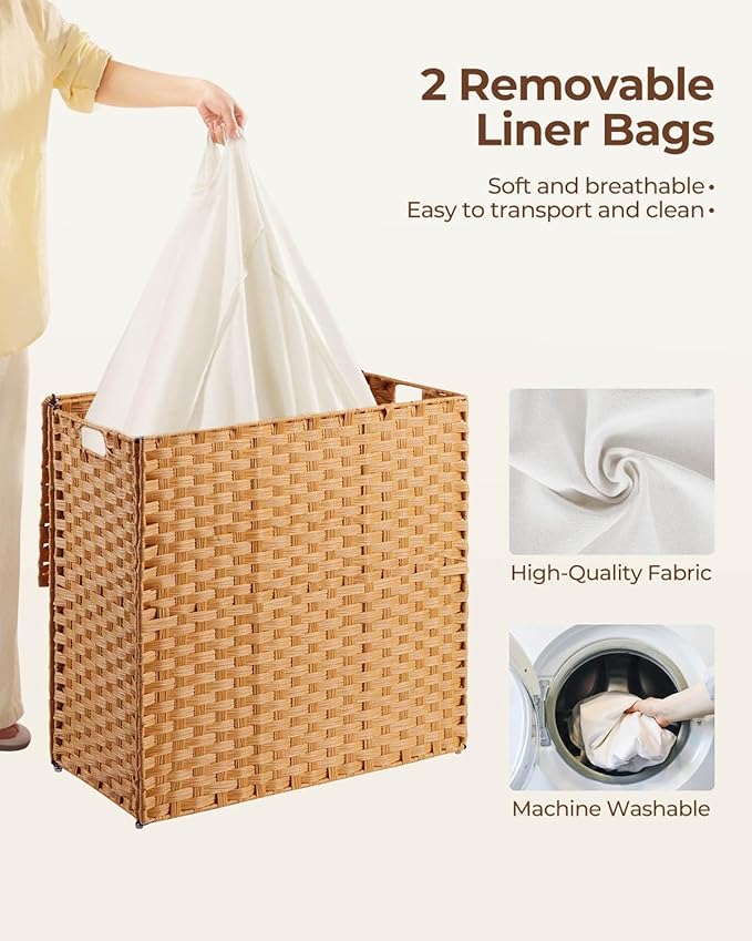 Greenstell Laundry Hamper with lid, No Install Needed, 130L Wicker Laundry Baskets Foldable 2 Removable Liner Bags, 2 Section Clothes Hamper Handwoven Rattan Laundry Basket with Handles, Natural