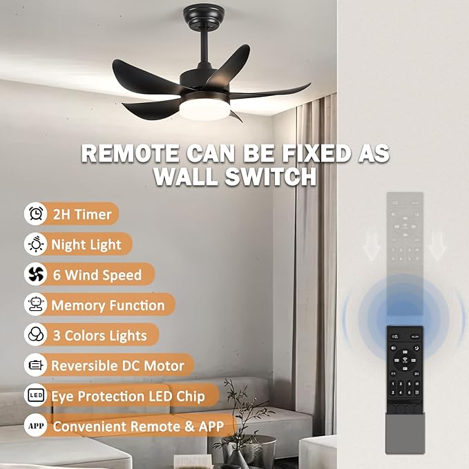 Black Ceiling Fans with Lights, 32" Dimmable LED Ceiling Fan with Light and Remote, Modern Ceiling Fans for Bedroom Kitchen Patio, Memory & Night Light, Quiet DC Motor, Reversible