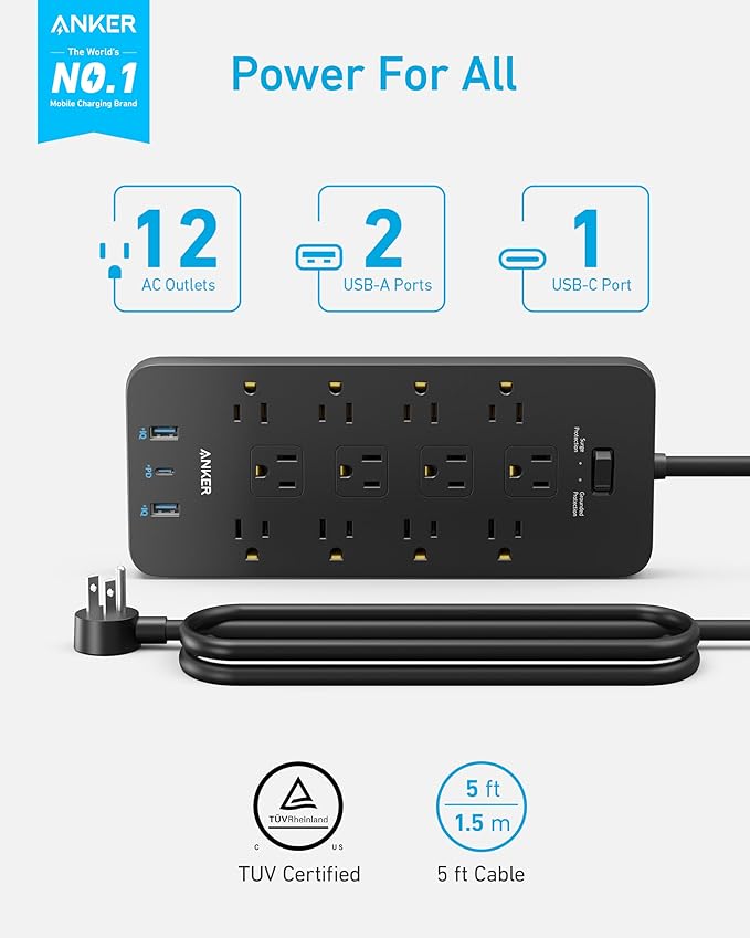 Anker Power Strip Surge Protector (2100J), 12 Outlets with 2 USB A and 1 USB C Port for Multiple Devices, 5ft Extension Cord, 20W Power Delivery Charging for Home, Office, Dorm Essential, TUV Listed