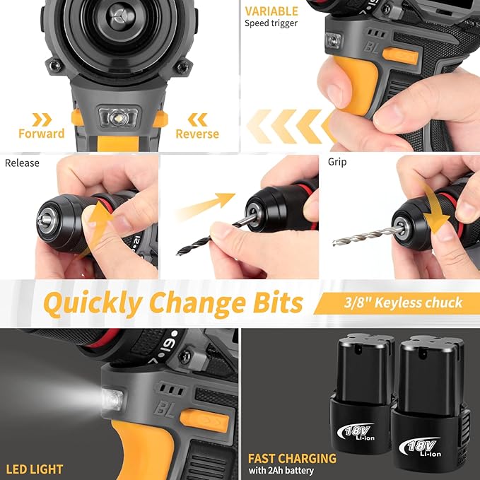 QUDODO Brushless Compact Drill Tool Set, 120PCS 45N. m 18V Cordless Drill Kit with 2 Battery, Woman Household Tool Kit with Electric Driver, Taladro Set with Inalámbrico for Daily Home Basic Repair