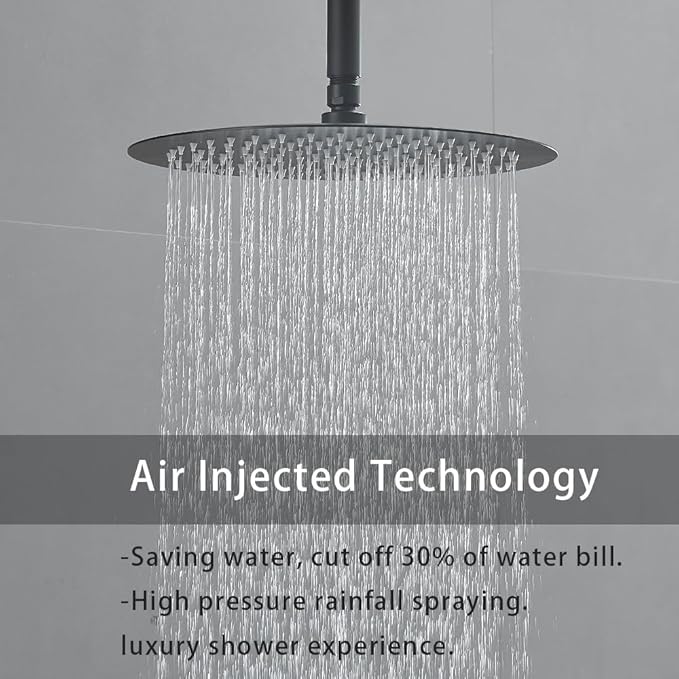 Matte Black Ceiling Mount Round Rain Shower System with 12 Inch Shower Head and Handheld Bathroom Shower Set Contain Shower Faucet Trim Kit (Mixer Valve Included)