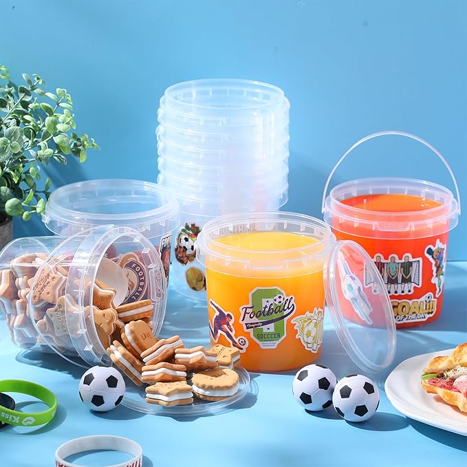 PerKoop 20 Pcs 32 oz Soccer Ice Cream Buckets with Lids and Handles Clear Cocktail Rum Buckets for Drinks with 200 Soccer Stickers Plastic Transparent Tub Reusable Food Storage Containers for Parties