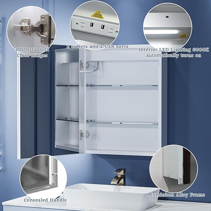 ExBrite Lighted Medicine Cabinet with Mirror, 20 x 26 Inch, Recessed or Surface led Medicine Cabinet, Defog, Stepless Dimming,Color Temperature Change,2 Outlets,Built-in 6000K Sensor Light,Left Hinge