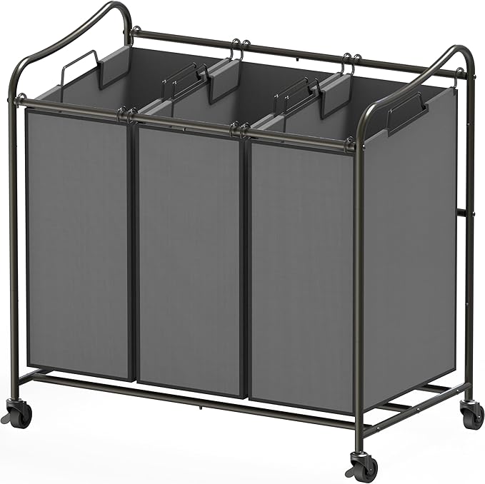 Simple Houseware Heavy Duty 3-Bag Laundry Sorter Rolling Cart, Dark Grey – Durable Triple Laundry Hamper with Removable Bags and Lockable Wheels for Efficient Laundry Organization