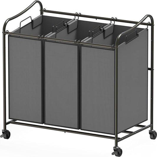 Simple Houseware Heavy Duty 3-Bag Laundry Sorter Rolling Cart, Dark Grey – Durable Triple Laundry Hamper with Removable Bags and Lockable Wheels for Efficient Laundry Organization