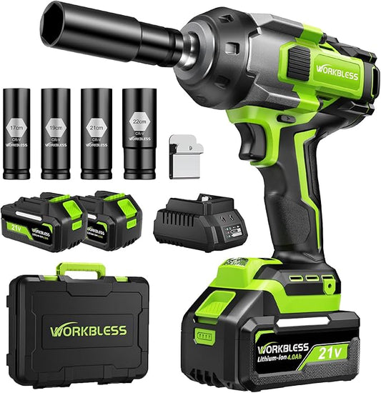 1/2 Impact Gun, 1500Nm (1100Ft-lbs) High Torque Brushless, Cordless Impact Wrench with 20V 4Ah Battery, 3-Speed, 4 Cr-V Sockets, LED Light, Variable Speed, Electric Wrench for Car Tire, Mower Lug Nut