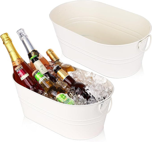 Galvanized Tub Beverage Tubs, 2pcs Metal Ice Buckets for Cocktail Bar 3 Gallon Wine Beer Drink Buckets with Handles Large Tub Cooler Mimosa Bar Supplies Ice Bucket for Parties (White)