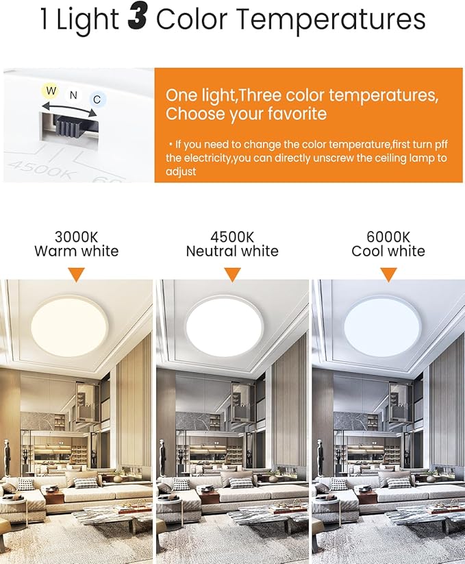 slochi 15.4 Inch Flush Mount Ceiling Light, 36W 3200lm Ultra Thin LED Ceiling Light, 3000K/4000K/6500K 3 Color Temperature Low Profile Ceiling Light Fixtures for Bedroom, Kitchen, Living Room, Closet