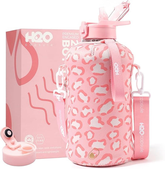 H2O Capsule 2.2L Half Gallon Water Bottle with Storage Sleeve and Covered Straw Lid – BPA Free Large Reusable Drink Container with Handle - Big Sports Jug, 2.2 Liter (74 Ounce)
