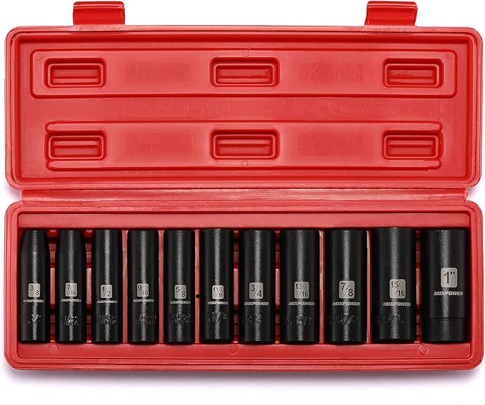 MIXPOWER 11 Pieces 1/2-Inch Drive Deep Impact Socket Set, 3/8-Inch to 1-Inch, CR-V, SAE, 6 Point, Deep, 11 Pieces 1/2" Dr. Socket