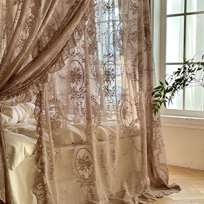 Elegant Lace Princess 4 Corner Post Mosquito Net Romantic for Girls Women Bed Curtain Canopy for Adult Wedding Bedroom Kids Rooms Decoration (Coffee, California King)