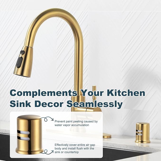 Dishwasher Air Gap Cover, Dishwasher Air Gap Cap for Kitchen Sink, Solid Brass Dishwasher Overflow Vent Cap Replacement Kit, Brushed Gold