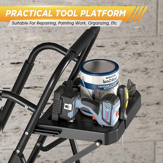 KINGRACK Step Ladder, Sturdy Steel Step Stool with Anti-Slip Wide Pedals, Handrail, Safe-Lock Design, 800lbs Folding Portable Ladder for Multi-Purpose, Home, Kitchen (6-Step with Tool Platform)