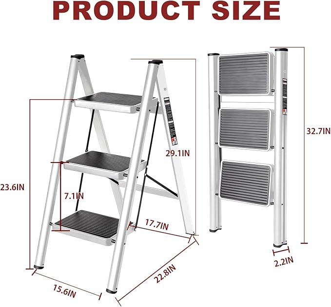 3 Step Ladder with Anti-Slip and Wide Pedal 220 lbs Capacity Folding Step Ladder for Household Kitchen Office(P-White, 3 Step Ladder)
