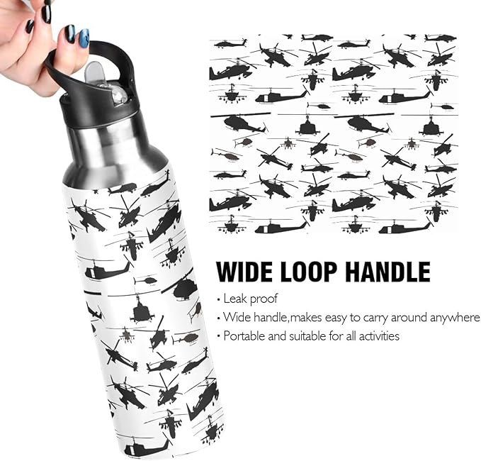 Helicopter Stainless Steel Water Bottle with Straw Lid - 20 Oz Sports Insulated Water Bottle Thermos for Sport Gym Outdoor Travel School