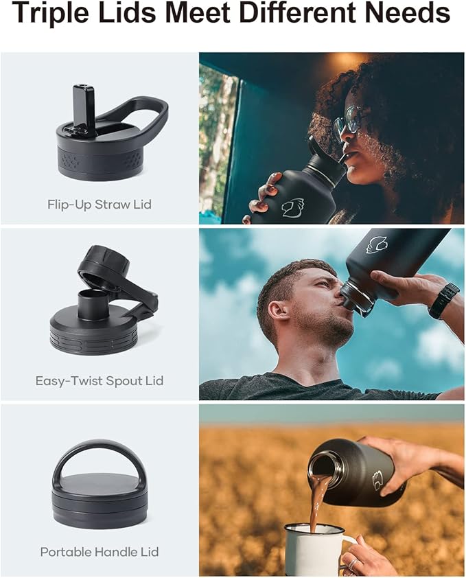 BUZIO Water Bottle with Straw lid, Spout Lid, Hand Lid and Carrying Pouch, 32oz 40oz 64oz Stainless Steel Water Flask Jug, Cold for 48 Hrs Hot for 24 Hrs Double Vacuum Thermo Canteen Mug, BPA-Free