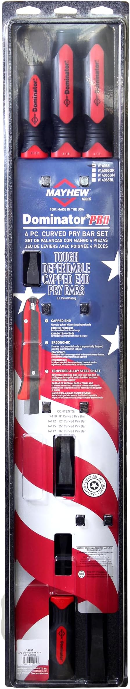 Mayhew Tools 14065 Dominator Pro Pry Bar Set, 8", 12", 25" & 36" Curved Pry Bars, Red