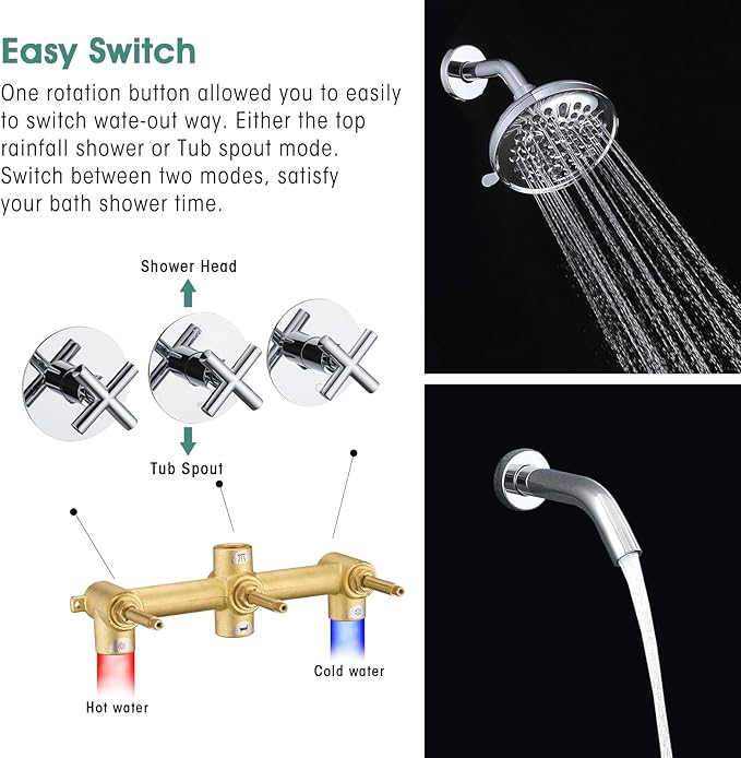 PROOX 3 Handle Tub Shower Faucet Set, 9-Setting Rainfall Shower Head with Tub and Shower Trim Kit with Rough-in Valve, Polished Chrome Bathtub Shower Faucets, Wall Mounted Bathroom Rain Shower System