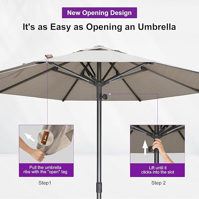 PURPLE LEAF 10 FT Semi-Auto Outdoor Patio Umbrella Market Table Sun Umbrellas with 8 Aluminum Sturdy Ribs for Backyard Deck Garden Pool (Gray Pole Beige Canopy)