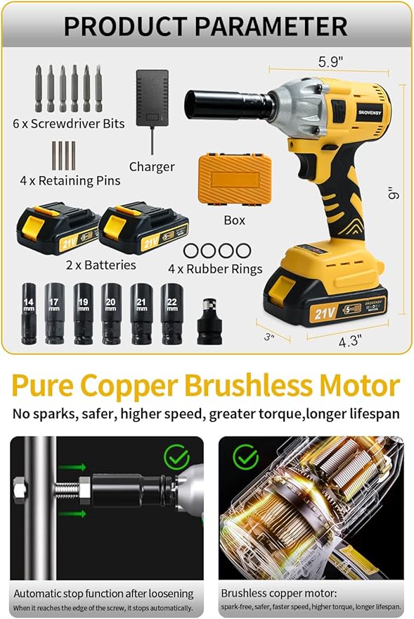 Cordless Impact Wrench 258Ft-lb (350N.m), Electric Driver for Car Tires and Home,1/2" Impact Gun with 2 Batteries and 6 Sockets, Yellow
