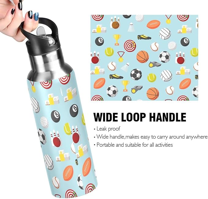 Sport balls Stainless Steel Water Bottle with Straw Lid - 20 Oz Sports Insulated Water Bottle Thermos for Sport Gym Outdoor Travel School