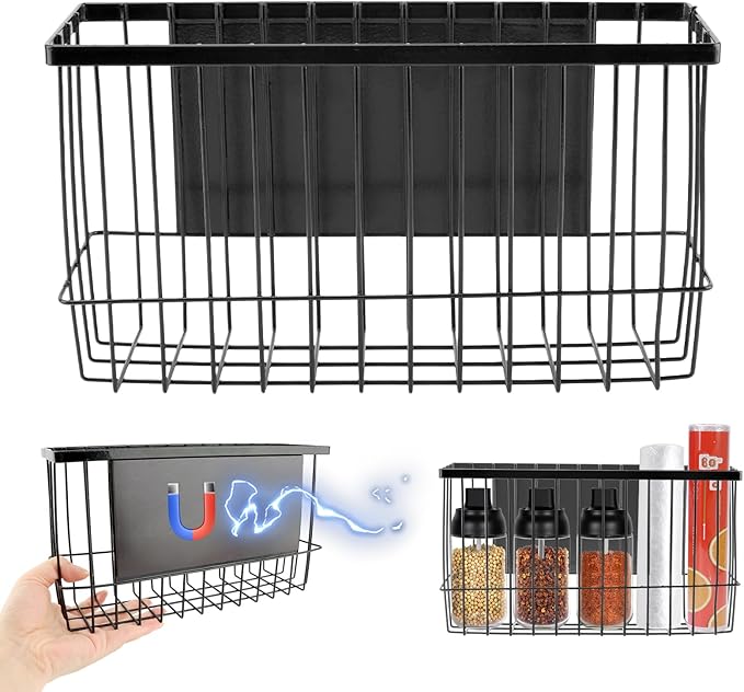 Magnetic Storage Basket Organizer for Fridge & Kitchen, 11lb Capacity Essentials Holder, No Tools Needed, Adjustable & Removable Spice Rack for Plastic Wrap, Foil, & More