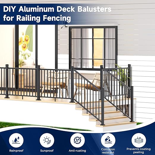 2.56 in. x 2.56 in. x 48.5 in. Porch and Deck Railing Post with Screws&Drill, Aluminum Railing Post, Black Textured Outdoor Powder-Coat Finish Stair Post for Decks, Porches & Balconies (1 Post)