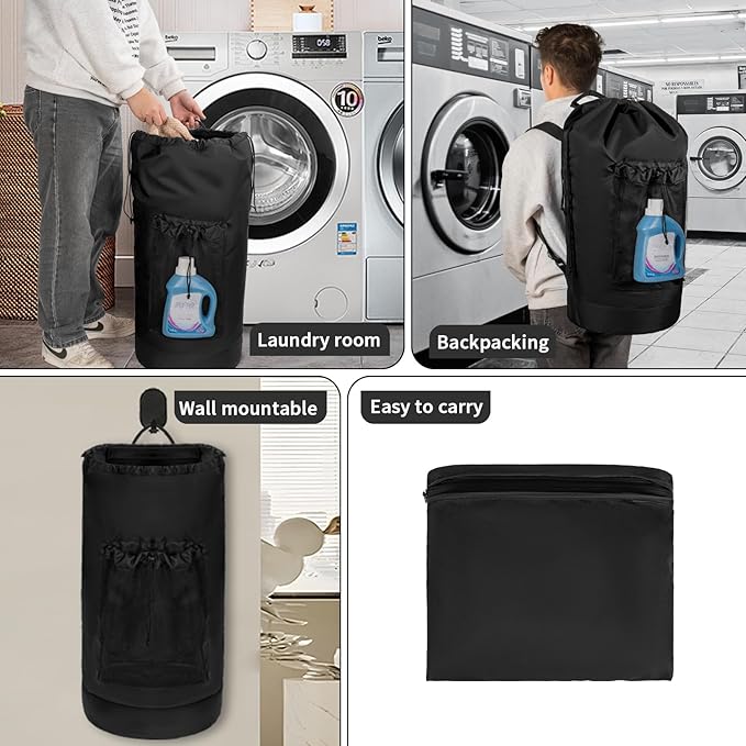 Laundry Bag Backpack with Shoulder Straps and Mesh Pocket Foldable Laundry Hamper for College, Apartment, Laundromat (Black)