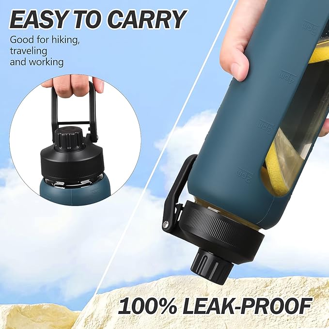 Glass Water Bottles with Straw -24oz- Water Bottle Phone Holder for Gym Sports Water Bottles with Silicone Sleeve Glass Drinking Bottles 2 Lids - Spout & Bamboo Straw Lid(Dark Blue)