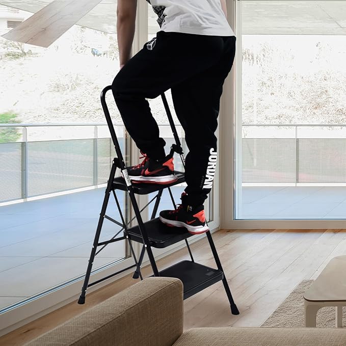 Wiberwi 3 Step Ladder Folding Step Stool for Adults with Top Handrail 330 Lbs Capacity, Lightweight & Portable Step 3 Stool Ladders with Wide Pedal for Home Kitchen Sturdy Steel Frame Black