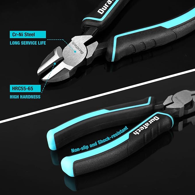 DURATECH 5-Piece Cr-Ni Pliers Set, 6" Long Nose, Slip Joint, Diagonal Cutting, 8" Linesman, Groove Joint Pliers, Easy Storage Oxford Rolling Pouch