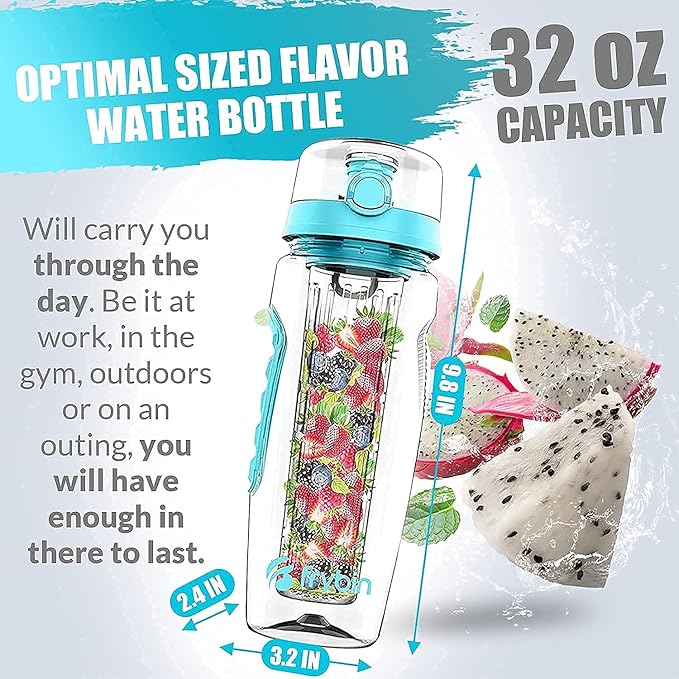 Fruit Infuser Water Bottle | Removable Infusion Basket for Flavor | Bonus Brush and Sleeve for Freshness | Made of Durable TRITAN Plastic | BPA Free Water Infuser Bottle, 32 Ounce (Aqua Blue)