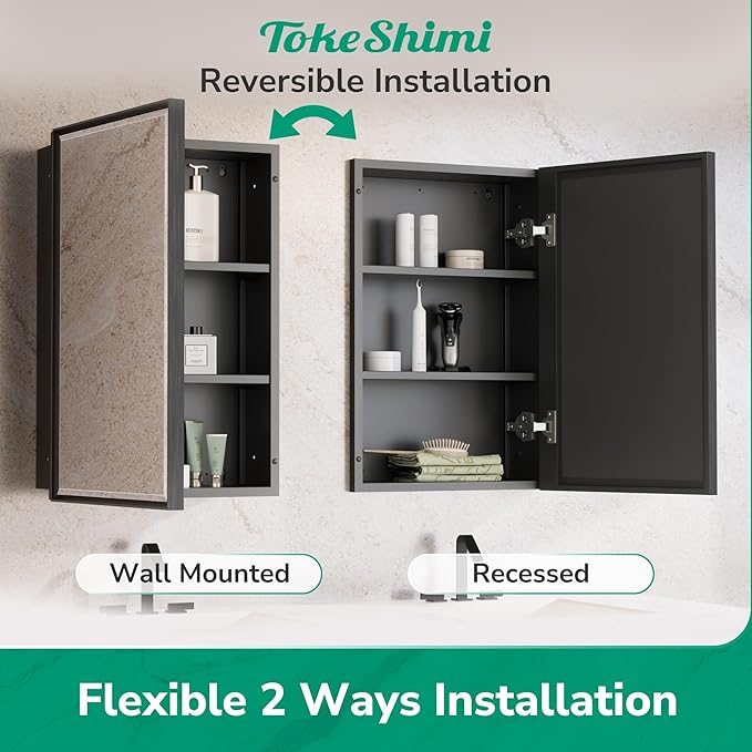 TokeShimi 60x30 Recessed Medicine Cabinet with Mirror, Black Medicine Cabinet Mirrored Aluminum Alloy, Wall Mounted Metal Beveled Mirror with Storage for Bathroom Vanity