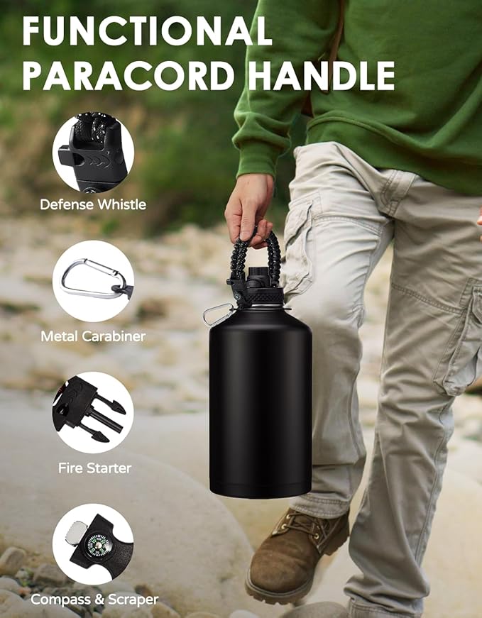 Gallon Water Bottle Insulated 128oz - Stainless Steel Water Bottles Keep Cold 48H, Fitness Sports Water Bottle with Straw & Spout Lid, Paracord Handle, Carrier Bag with Strap,Black 128 OZ Jug