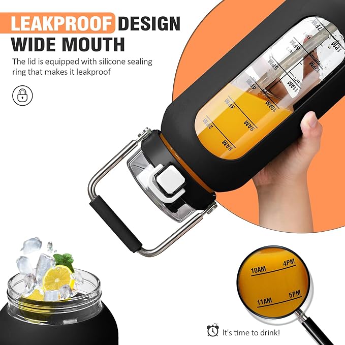 kytffu 64 oz Glass Water Bottle with Straw and Stainless Steel Handle, Half Gallon Water Bottle with Silicone Sleeve and Time Marker, 2L Large Glass Bottle for Gym, School, Travel, Leak-proof (Black)