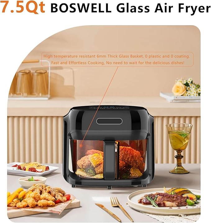 Glass Air Fryer, 7.6QT with Transparent Fry Bowl, Circulating Heating, Temperature Control, Air Fryer Roast, Dishwasher Safe (Black)