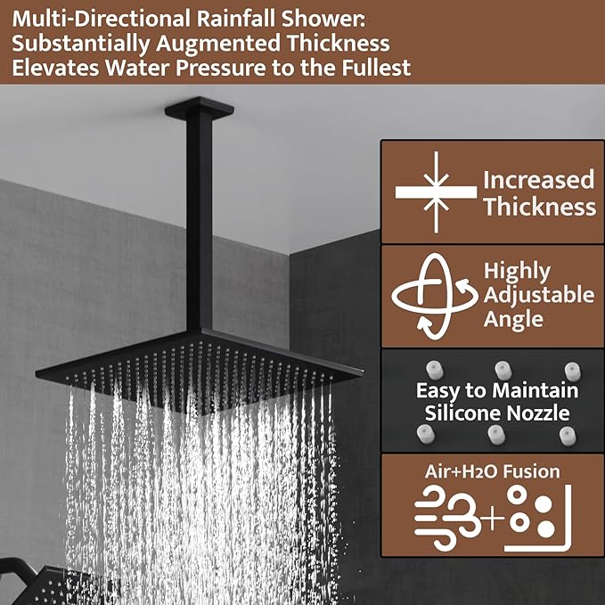 Thermostatic Shower System Matte Black, Push Button Diverter Shower Faucet with 2 in 1 Handheld, Ceiling Mount 12 Inch Shower Head with 6 Inch Wall Mount Shower Head