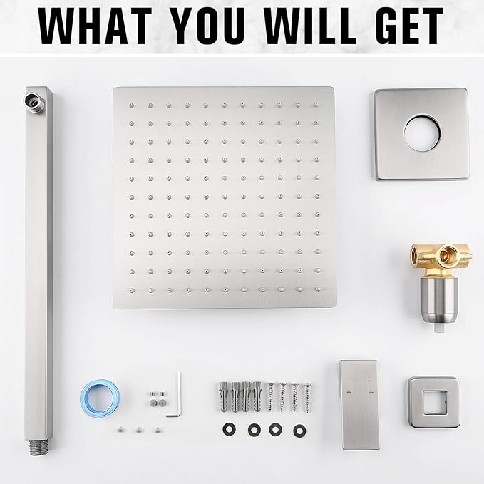10 Inch Rainfall Shower Faucet Single Function Shower Trim Kit with Rough-in Valve Shower Set Square Stainless Steel Metal Touch-Clean Shower Head Brushed Nickel