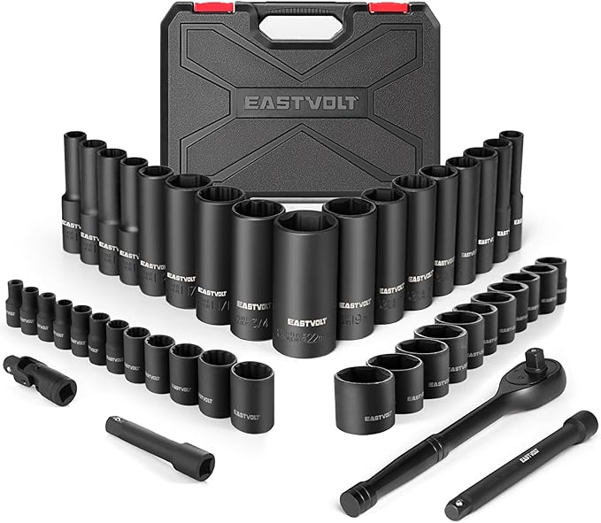 Eastvolt 46 Pieces Drive Socket Ratchet Wrench Set, Mechanic Tool Kits with 72 Teeth Reversible Ratchet, Extension Bar Set and Storage Case, Metric/SAE