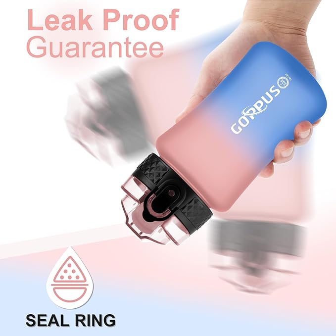 GOPPUS Kids Water Bottle with Straw Spout Lid 10pcs Stickers 12 oz Leak-proof BPA Free Motivational Time Marker Tritan Plastic Water Bottles for Girls Boys School Sports