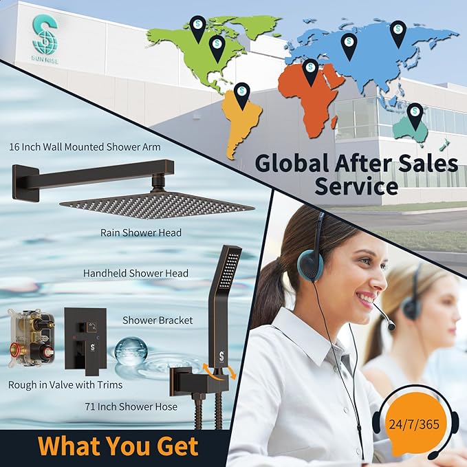 SR SUN RISE Oil Rubbed Bronze Shower System 12 Inches Brass Bathroom Luxury Rain Mixer Shower Combo Set Wall Mounted Rainfall Shower Head System Shower Faucet Rough-in Valve Body and Trim Included