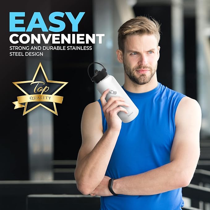 Sports Water Bottle - 32 Oz, Includes 50 Cute Flask Stickers, 3 Lids (With straw), Vacuum Insulated, 308 Stainless Steel, with a Portion of Sales Supporting Bee Conservation | White