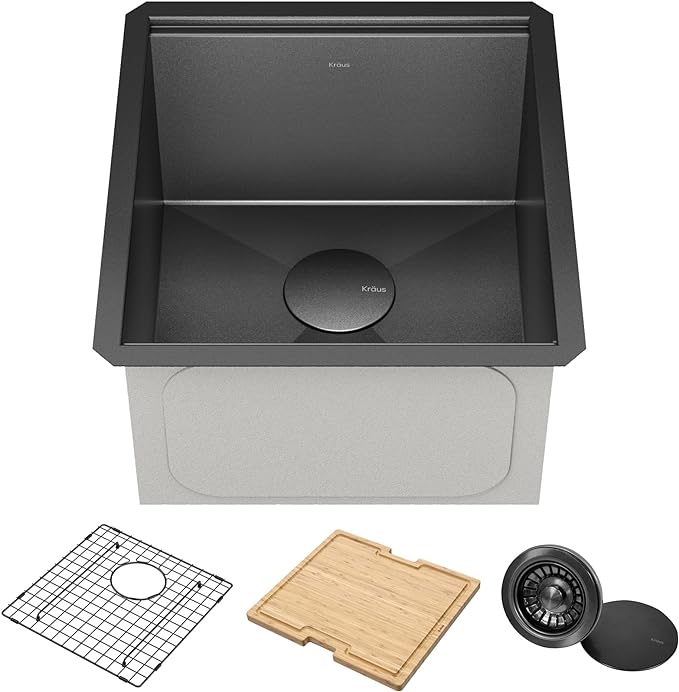 KRAUS Kore Workstation 17-inch Undermount 16 Gauge Black Stainless Kitchen Sink, Single Bowl Kitchen Sink in PVD Gunmetal Finish with Accessories, KWU1101-17-PGM