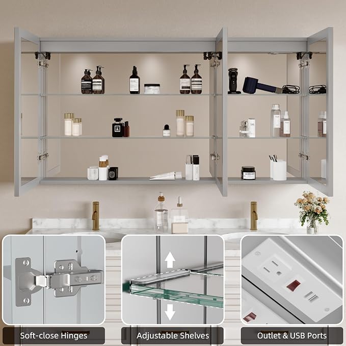 Buruis 60'' x 32'' Medicine Cabinet with Lights and Mirrors, Recessed or Wall Mounted Modern Bathroom Cabinet with 3-Mode Light, Anti-Fog, Dimmable, Memory Function, Outlet, Silver