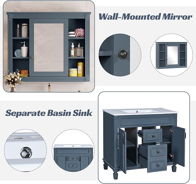 Marzzi 36" Bathroom Vanity with Sink & Matching Medicine Cabinet, 36 inch Bathroom Vanity Storage Cabinet with Sink Top, 2 Drawers, and Mirror Cabinet